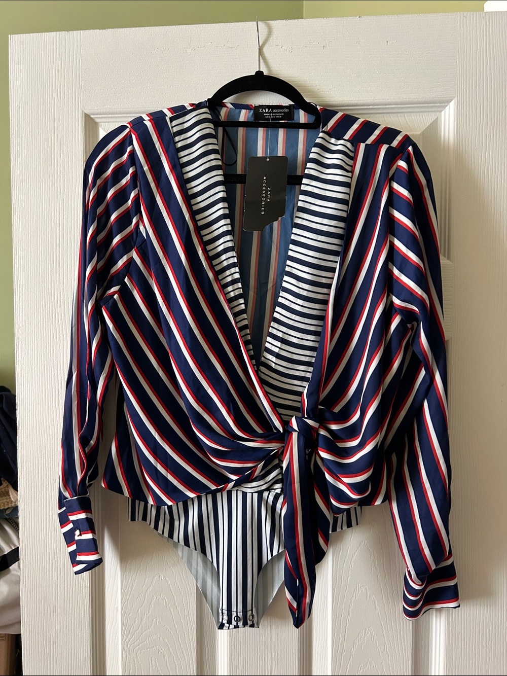 Zara Striped Tie-Front Long-Sleeve Bodysuit in Navy, White & Red